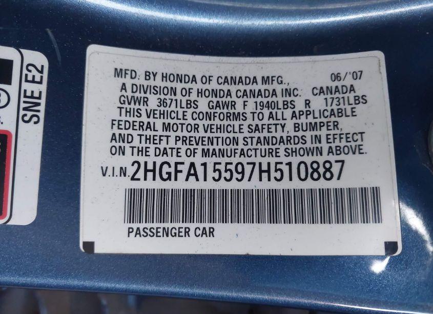 Photo 9 of 2007 Honda Civic LX (VIN 2HGFA15597H510887)