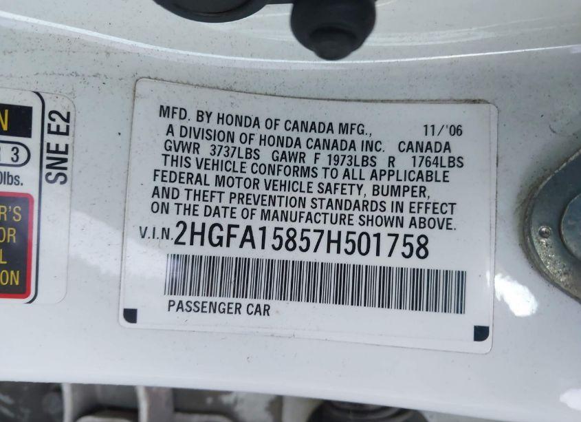 Photo 9 of 2007 Honda Civic EX (VIN 2HGFA15857H501758)