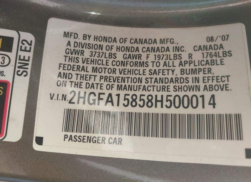 Photo 9 of 2008 Honda Civic EX (VIN 2HGFA15858H500014)