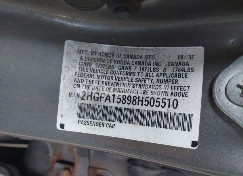 Photo 9 of 2008 Honda Civic EX (VIN 2HGFA15898H505510)