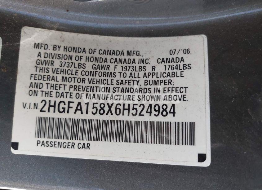 Photo 9 of 2006 Honda Civic EX (VIN 2HGFA158X6H524984)