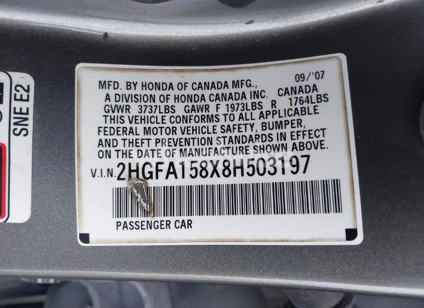 Photo 9 of 2008 Honda Civic EX (VIN 2HGFA158X8H503197)