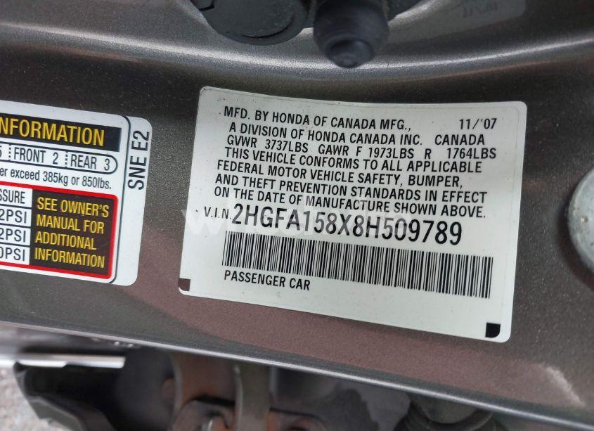 Photo 9 of 2008 Honda Civic EX (VIN 2HGFA158X8H509789)