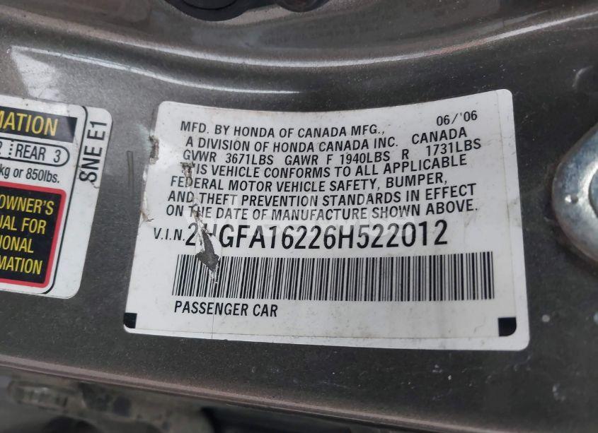 Photo 9 of 2006 Honda Civic DX (VIN 2HGFA16226H522012)