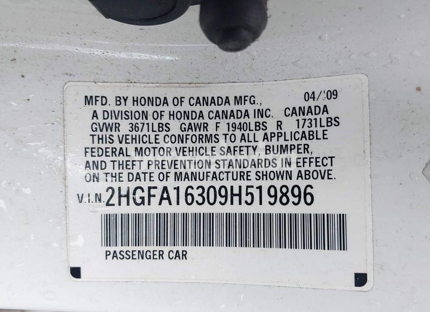 Photo 9 of 2009 Honda Civic VP (VIN 2HGFA16309H519896)