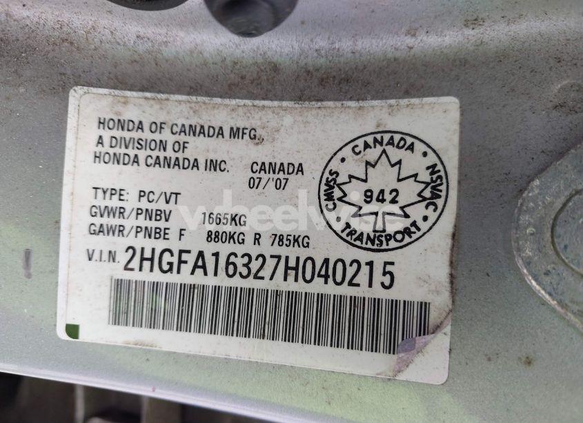 Photo 9 of 2007 Honda Civic DX-G (VIN 2HGFA16327H040215)