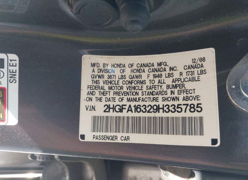 Photo 9 of 2009 Honda Civic VP (VIN 2HGFA16329H335785)