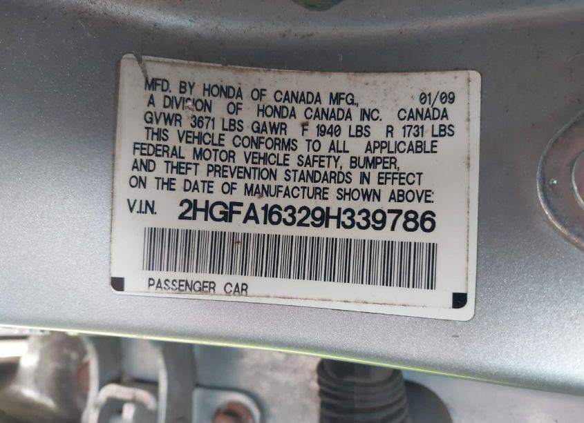 Photo 9 of 2009 Honda Civic VP (VIN 2HGFA16329H339786)