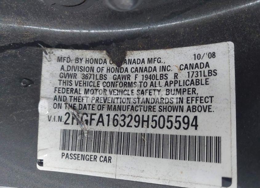 Photo 9 of 2009 Honda Civic VP (VIN 2HGFA16329H505594)