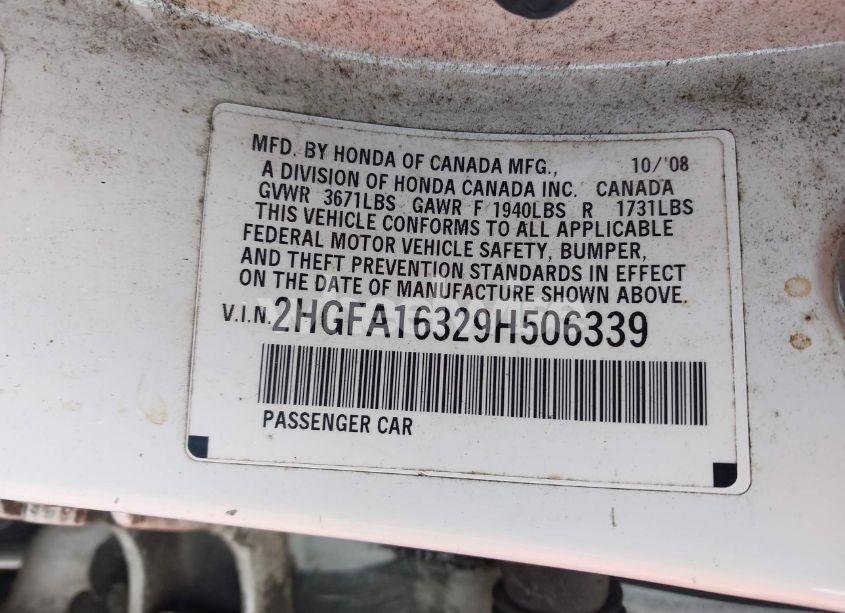 Photo 9 of 2009 Honda Civic VP (VIN 2HGFA16329H506339)