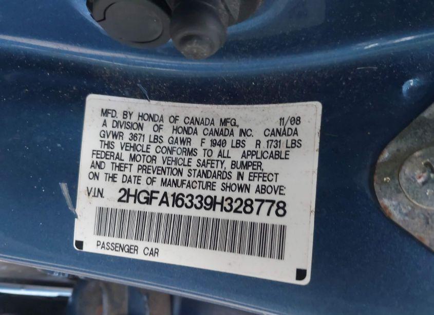 Photo 9 of 2009 Honda Civic VP (VIN 2HGFA16339H328778)