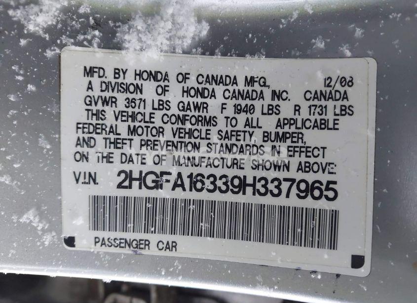 Photo 9 of 2009 Honda Civic VP (VIN 2HGFA16339H337965)