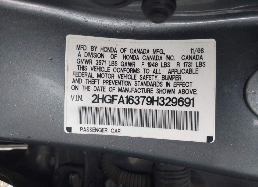 Photo 9 of 2009 Honda Civic VP (VIN 2HGFA16379H329691)