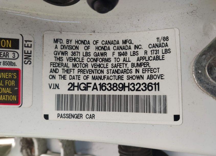 Photo 9 of 2009 Honda Civic VP (VIN 2HGFA16389H323611)