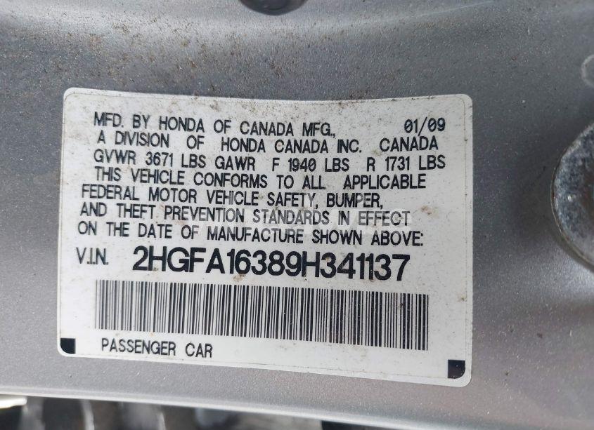 Photo 9 of 2009 Honda Civic VP (VIN 2HGFA16389H341137)