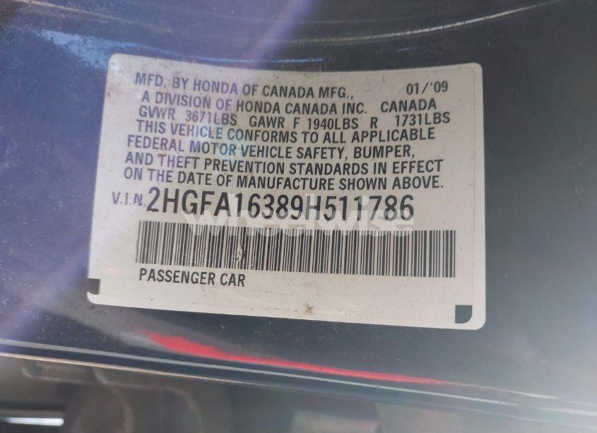 Photo 9 of 2009 Honda Civic VP (VIN 2HGFA16389H511786)