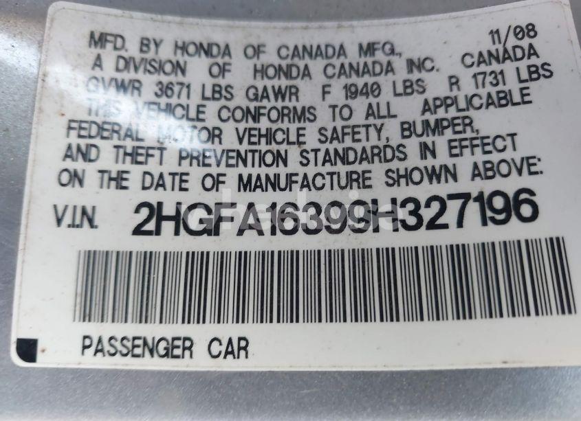 Photo 9 of 2009 Honda Civic VP (VIN 2HGFA16399H327196)