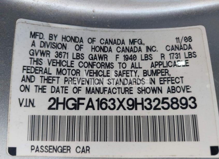 Photo 9 of 2009 Honda Civic VP (VIN 2HGFA163X9H325893)