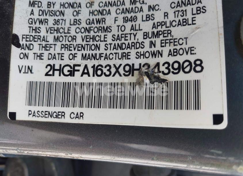 Photo 9 of 2009 Honda Civic VP (VIN 2HGFA163X9H343908)