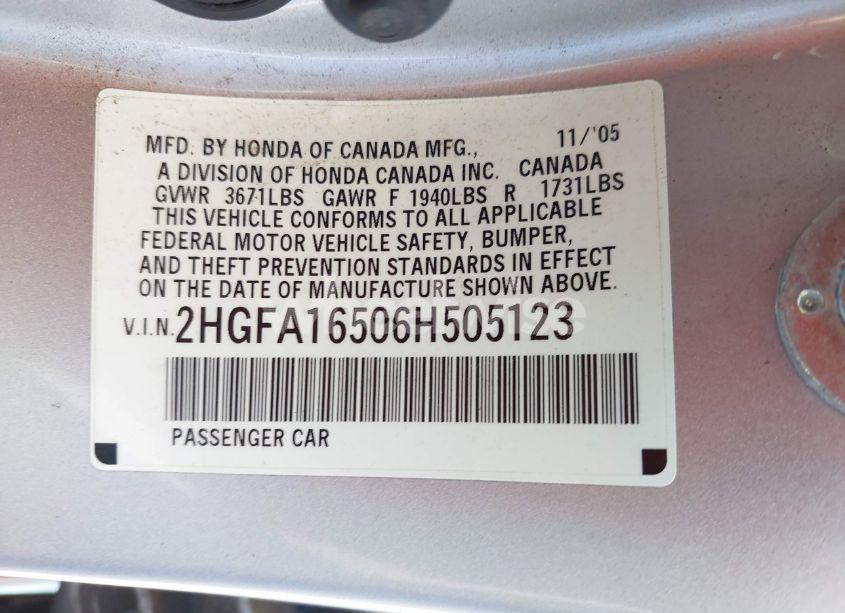 Photo 9 of 2006 Honda Civic LX (VIN 2HGFA16506H505123)