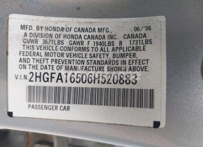 Photo 9 of 2006 Honda Civic LX (VIN 2HGFA16506H520883)
