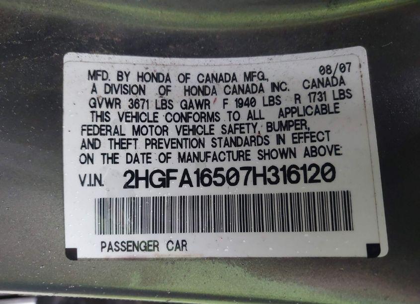 Photo 9 of 2007 Honda Civic LX (VIN 2HGFA16507H316120)