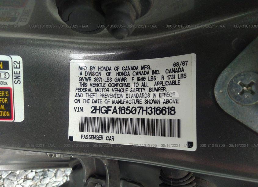 Photo 9 of 2007 Honda Civic LX (VIN 2HGFA16507H316618)