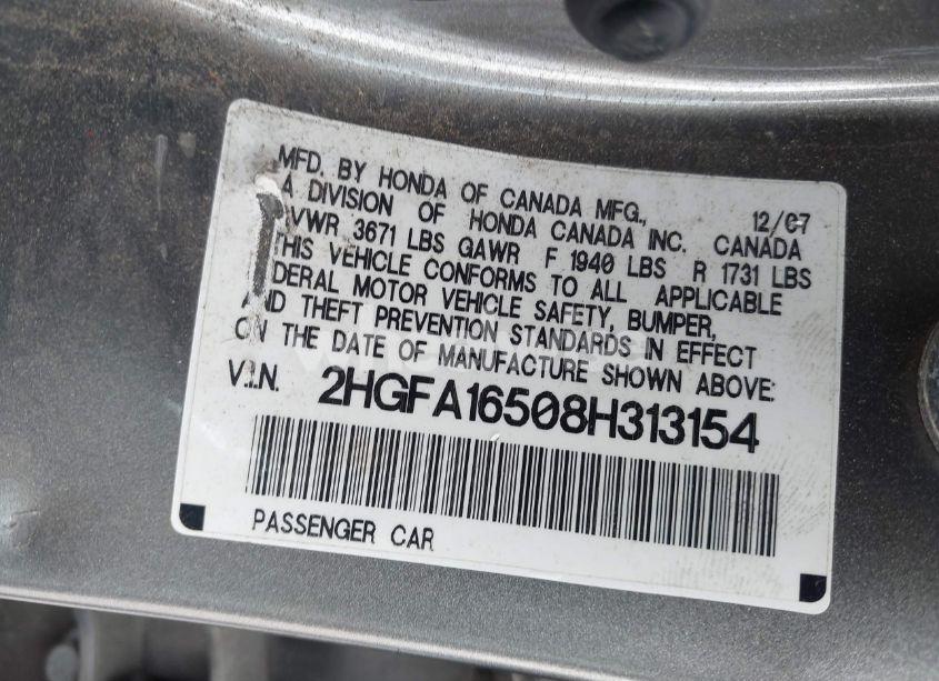 Photo 9 of 2008 Honda Civic LX (VIN 2HGFA16508H313154)