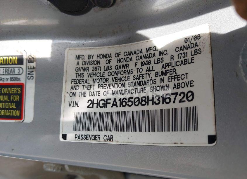 Photo 9 of 2008 Honda Civic LX (VIN 2HGFA16508H316720)