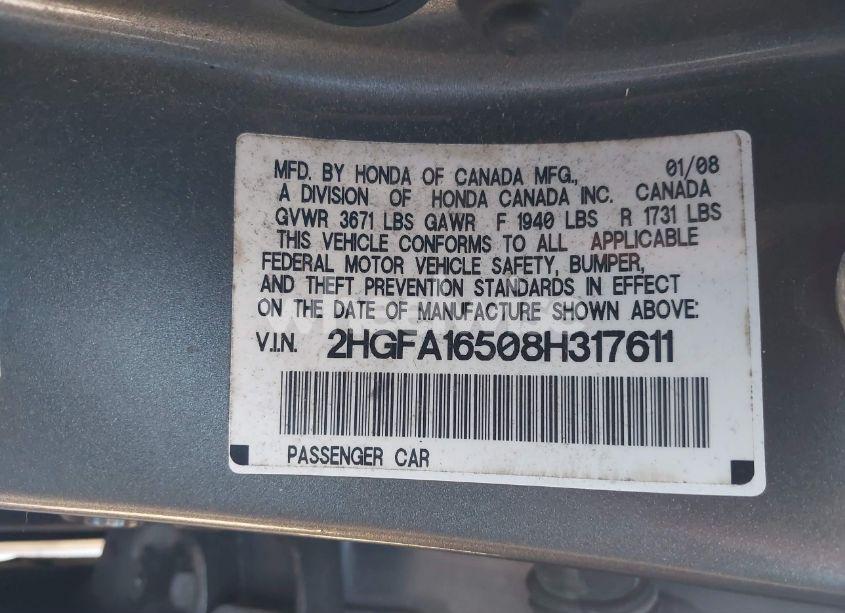 Photo 9 of 2008 Honda Civic LX (VIN 2HGFA16508H317611)