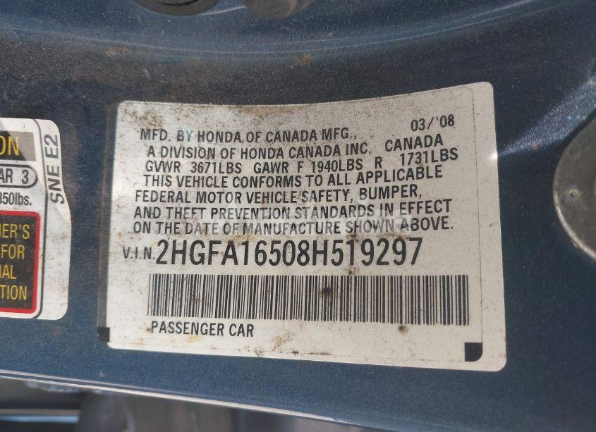 Photo 9 of 2008 Honda Civic LX (VIN 2HGFA16508H519297)