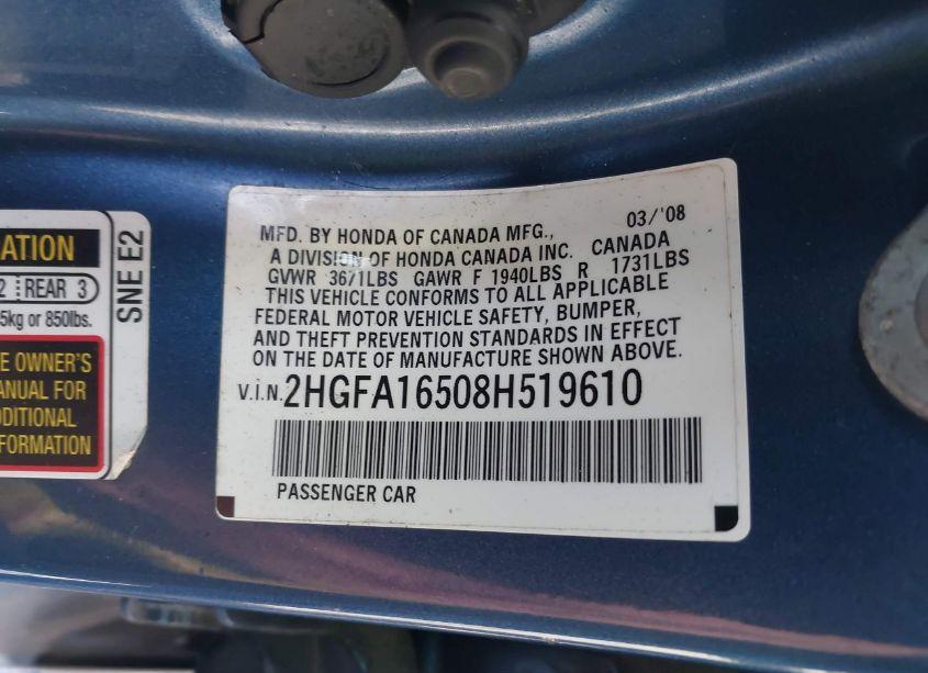 Photo 9 of 2008 Honda Civic LX (VIN 2HGFA16508H519610)