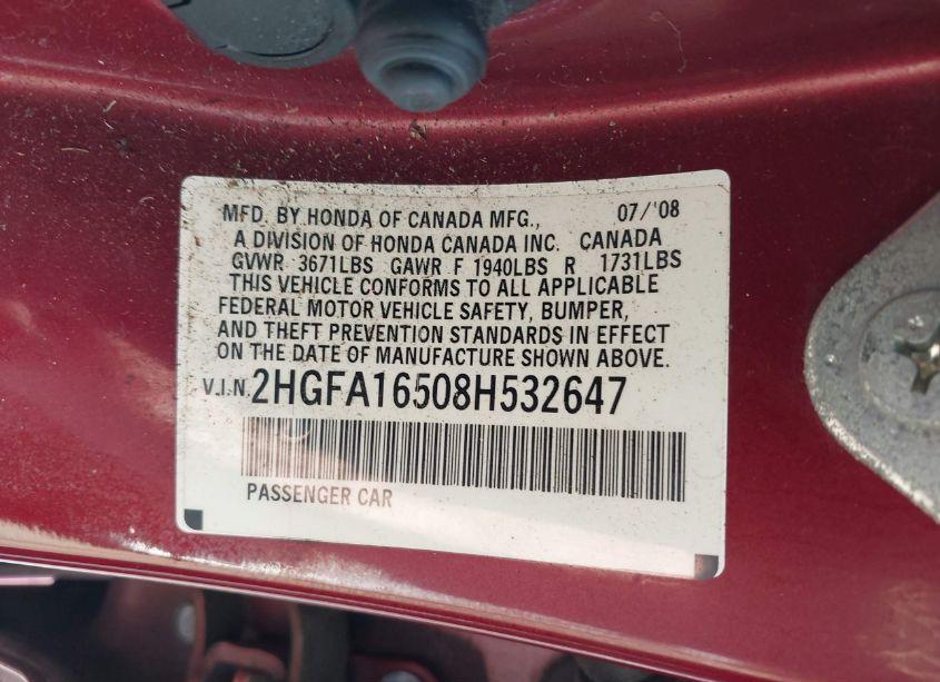 Photo 9 of 2008 Honda Civic LX (VIN 2HGFA16508H532647)