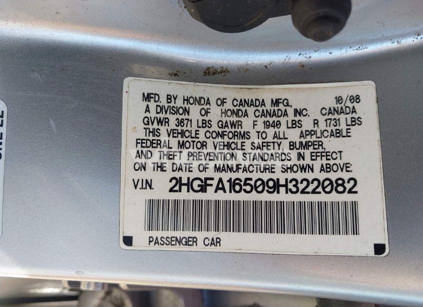 Photo 9 of 2009 Honda Civic LX (VIN 2HGFA16509H322082)