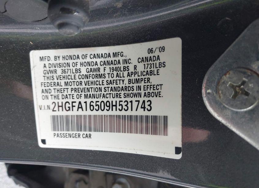 Photo 9 of 2009 Honda Civic LX (VIN 2HGFA16509H531743)