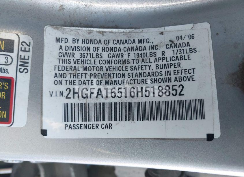 Photo 9 of 2006 Honda Civic LX (VIN 2HGFA16516H518852)