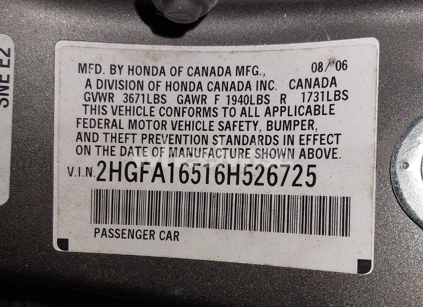 Photo 9 of 2006 Honda Civic LX (VIN 2HGFA16516H526725)