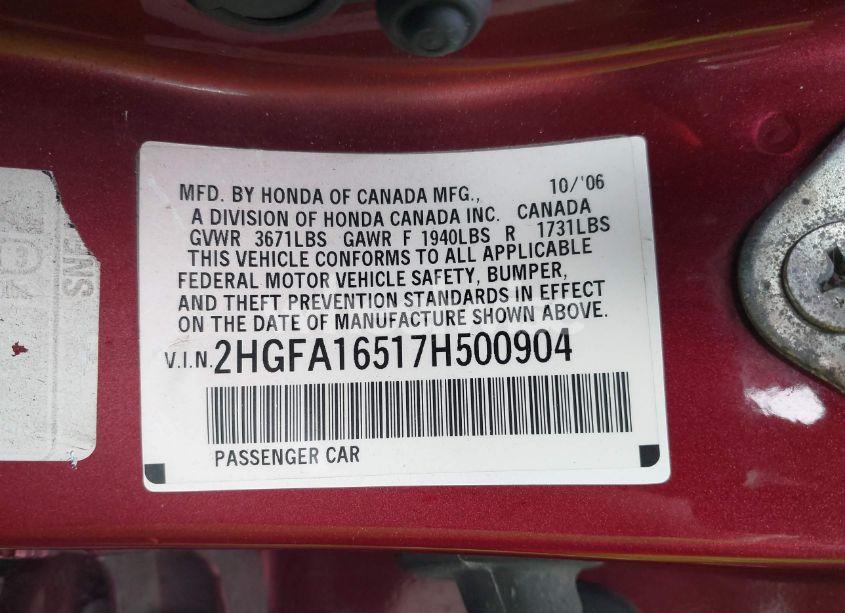 Photo 9 of 2007 Honda Civic LX (VIN 2HGFA16517H500904)