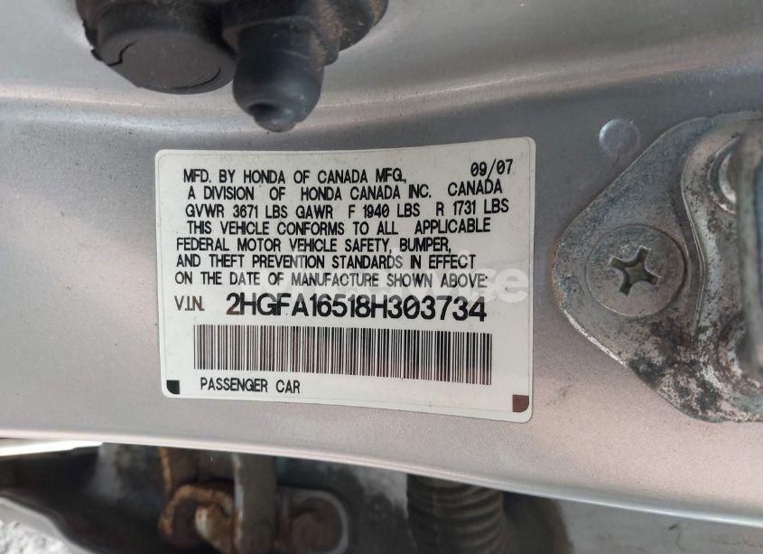 Photo 9 of 2008 Honda Civic LX (VIN 2HGFA16518H303734)