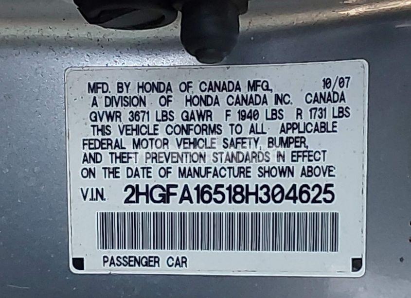 Photo 9 of 2008 Honda Civic LX (VIN 2HGFA16518H304625)