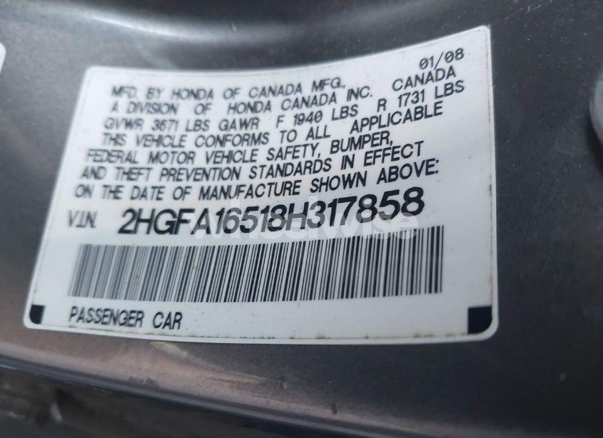 Photo 9 of 2008 Honda Civic LX (VIN 2HGFA16518H317858)