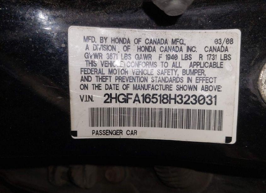 Photo 9 of 2008 Honda Civic LX (VIN 2HGFA16518H323031)