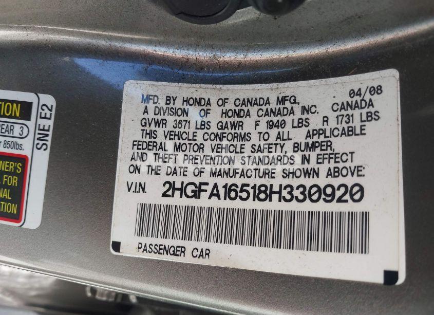 Photo 9 of 2008 Honda Civic LX (VIN 2HGFA16518H330920)