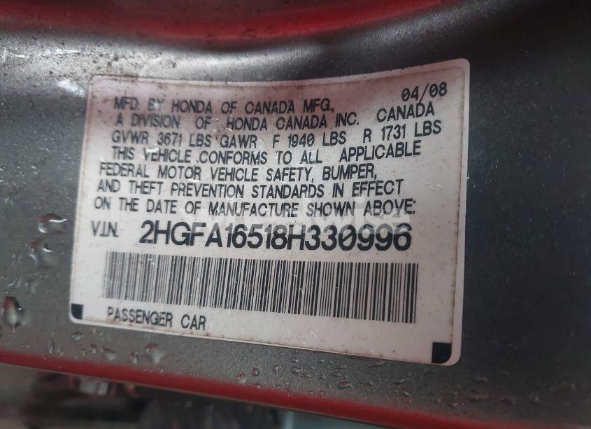 Photo 9 of 2008 Honda Civic LX (VIN 2HGFA16518H330996)