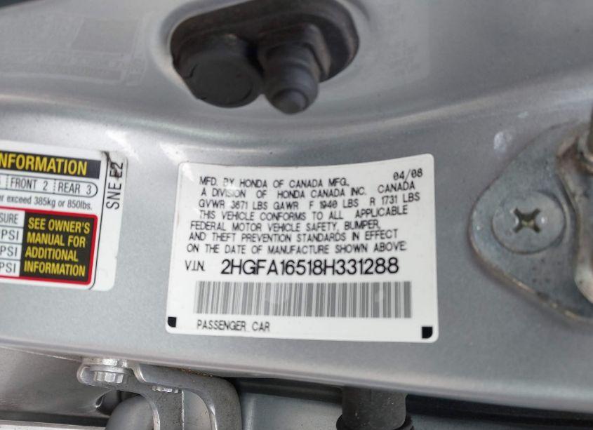 Photo 9 of 2008 Honda Civic LX (VIN 2HGFA16518H331288)