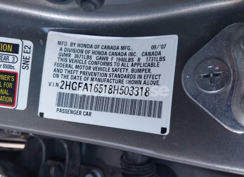 Photo 9 of 2008 Honda Civic LX (VIN 2HGFA16518H503318)