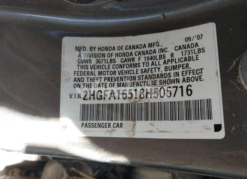 Photo 9 of 2008 Honda Civic LX (VIN 2HGFA16518H505716)