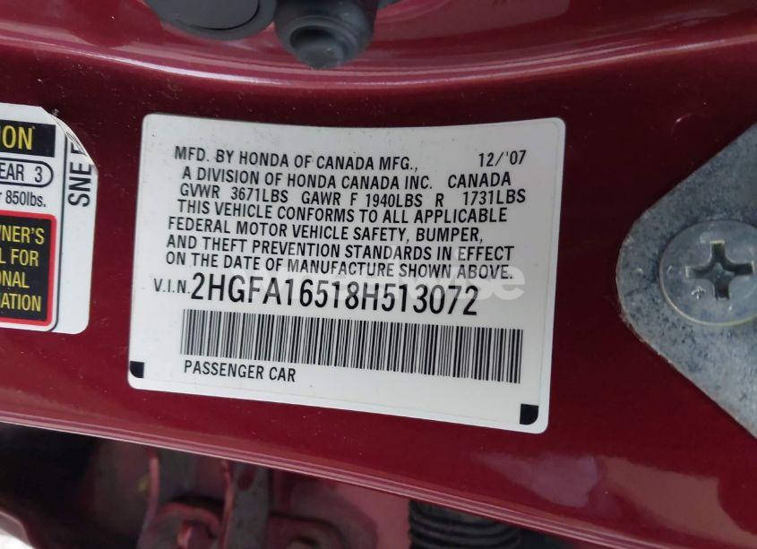 Photo 9 of 2008 Honda Civic LX (VIN 2HGFA16518H513072)