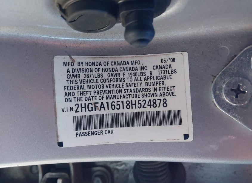 Photo 9 of 2008 Honda Civic LX (VIN 2HGFA16518H524878)
