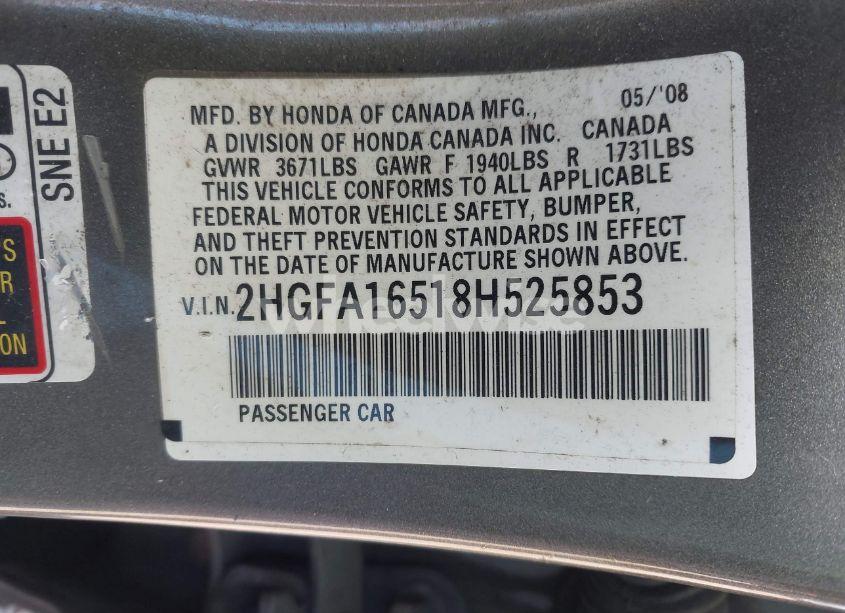 Photo 9 of 2008 Honda Civic LX (VIN 2HGFA16518H525853)